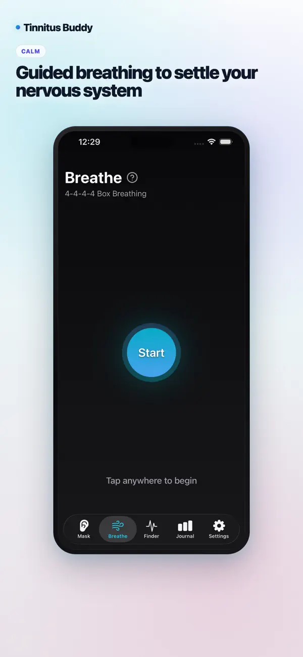 TinnitusBuddy guided box breathing screen with a start control