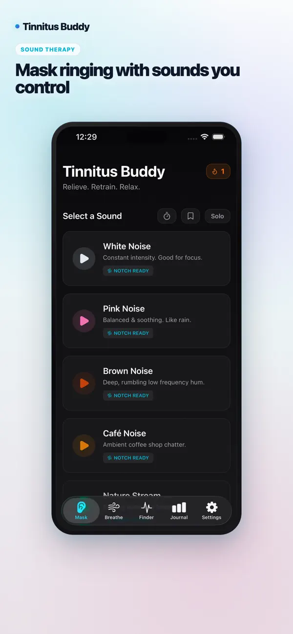 TinnitusBuddy sound masking library showing selectable ambient sounds